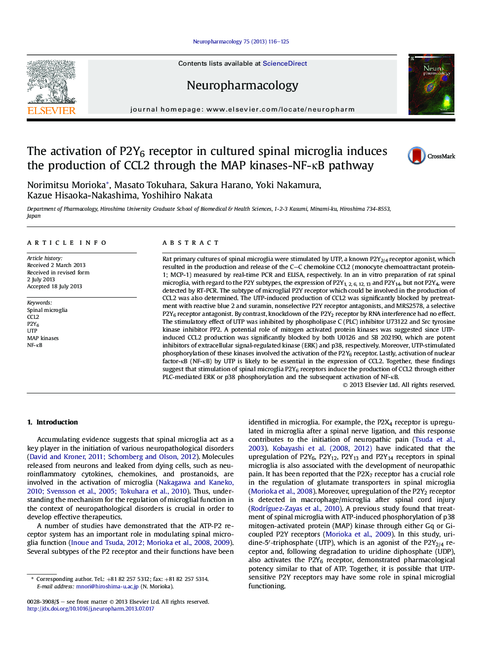 The activation of P2Y6 receptor in cultured spinal microglia induces the production of CCL2 through the MAP kinases-NF-κB pathway