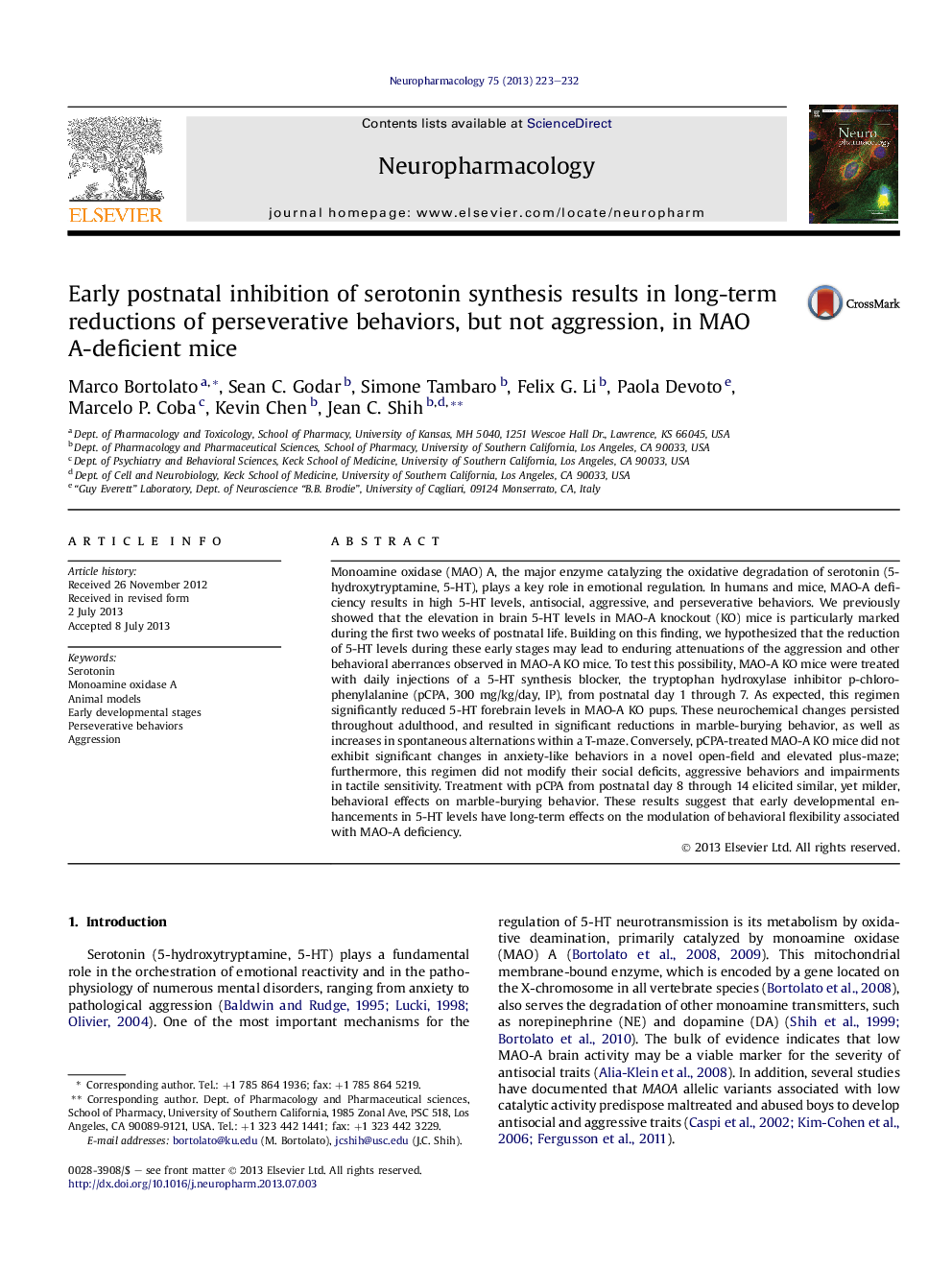 Early postnatal inhibition of serotonin synthesis results in long-term reductions of perseverative behaviors, but not aggression, in MAO A-deficient mice