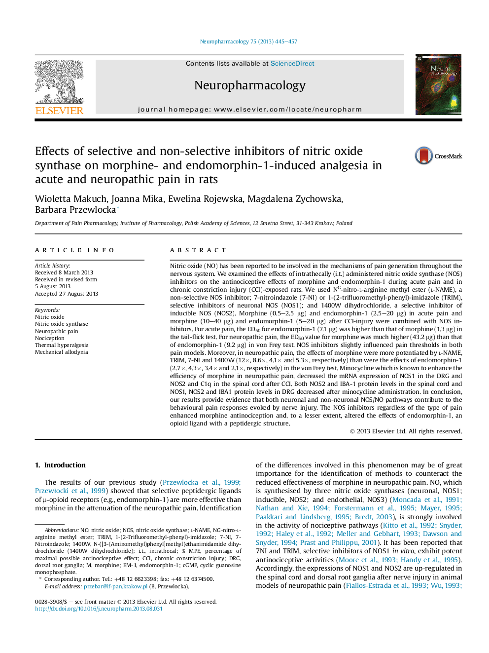 Effects of selective and non-selective inhibitors of nitric oxide synthase on morphine- and endomorphin-1-induced analgesia in acute and neuropathic pain in rats