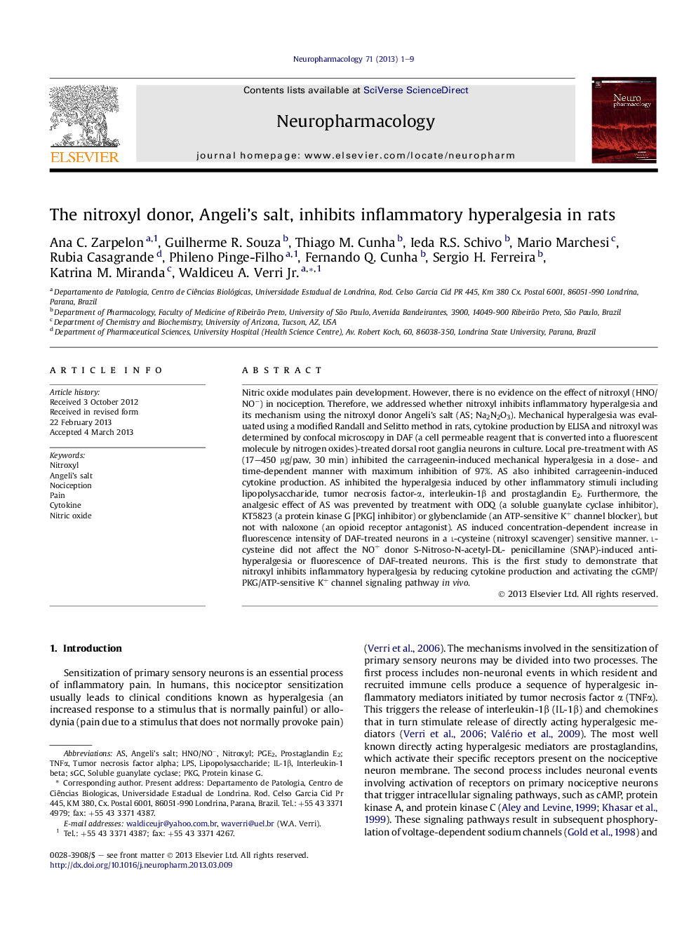 The nitroxyl donor, Angeli's salt, inhibits inflammatory hyperalgesia in rats