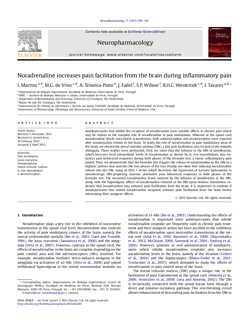 Noradrenaline increases pain facilitation from the brain during inflammatory pain