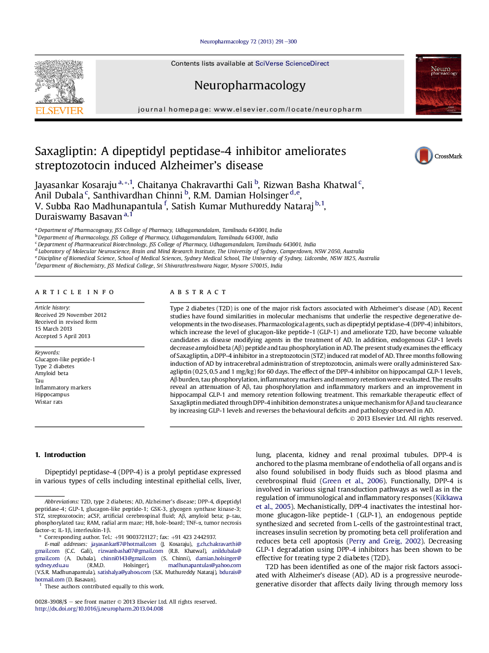 Saxagliptin: A dipeptidyl peptidase-4 inhibitor ameliorates streptozotocin induced Alzheimer's disease