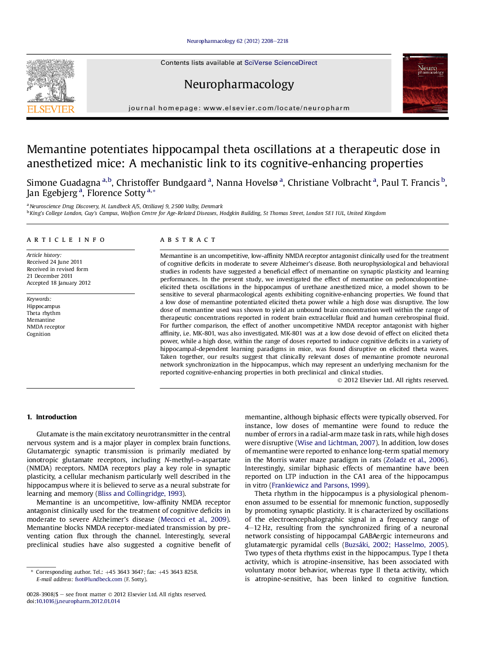 Memantine potentiates hippocampal theta oscillations at a therapeutic dose in anesthetized mice: A mechanistic link to its cognitive-enhancing properties