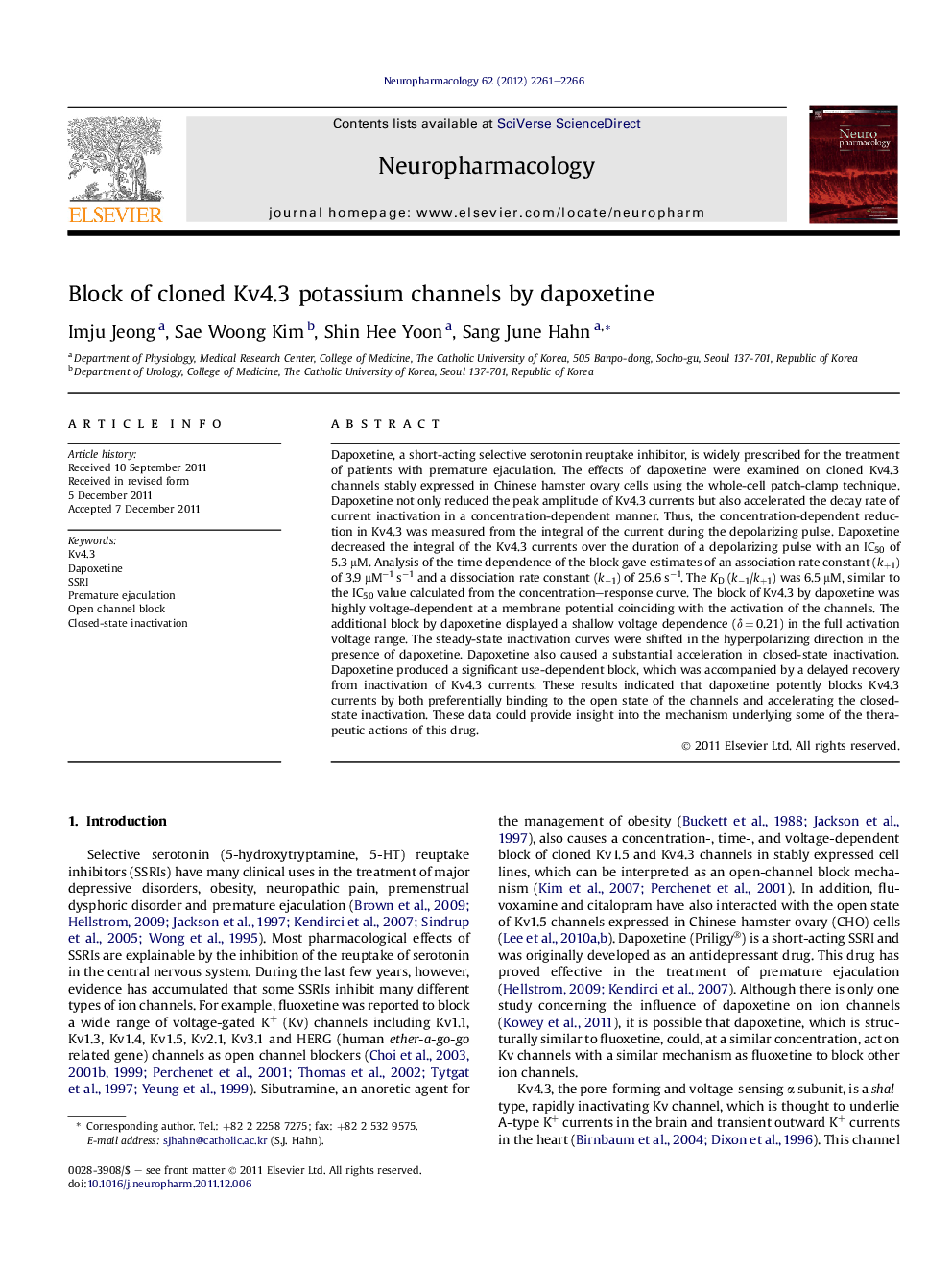 Block of cloned Kv4.3 potassium channels by dapoxetine