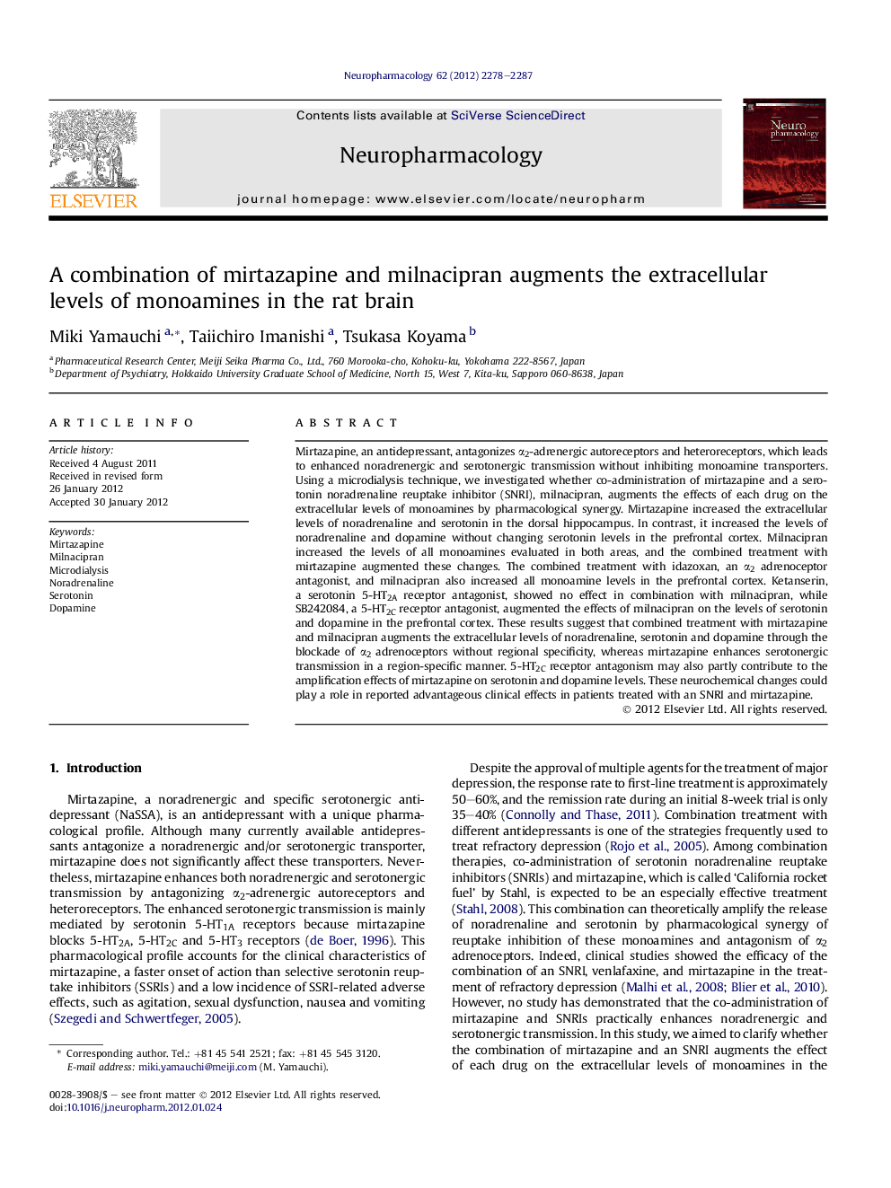 A combination of mirtazapine and milnacipran augments the extracellular levels of monoamines in the rat brain