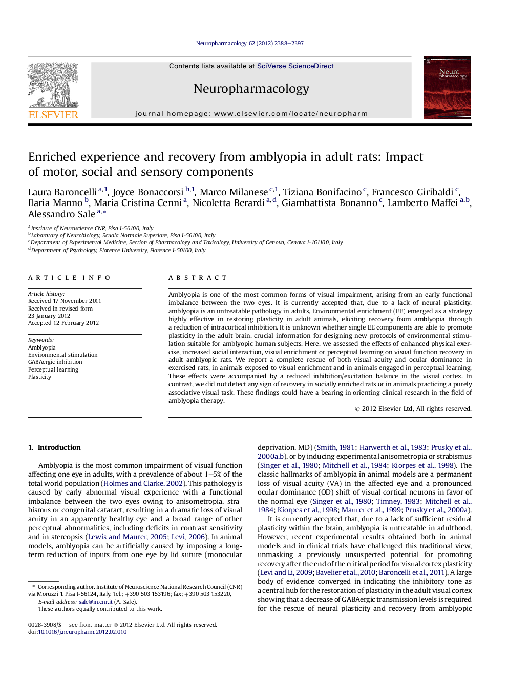 Enriched experience and recovery from amblyopia in adult rats: Impact of motor, social and sensory components