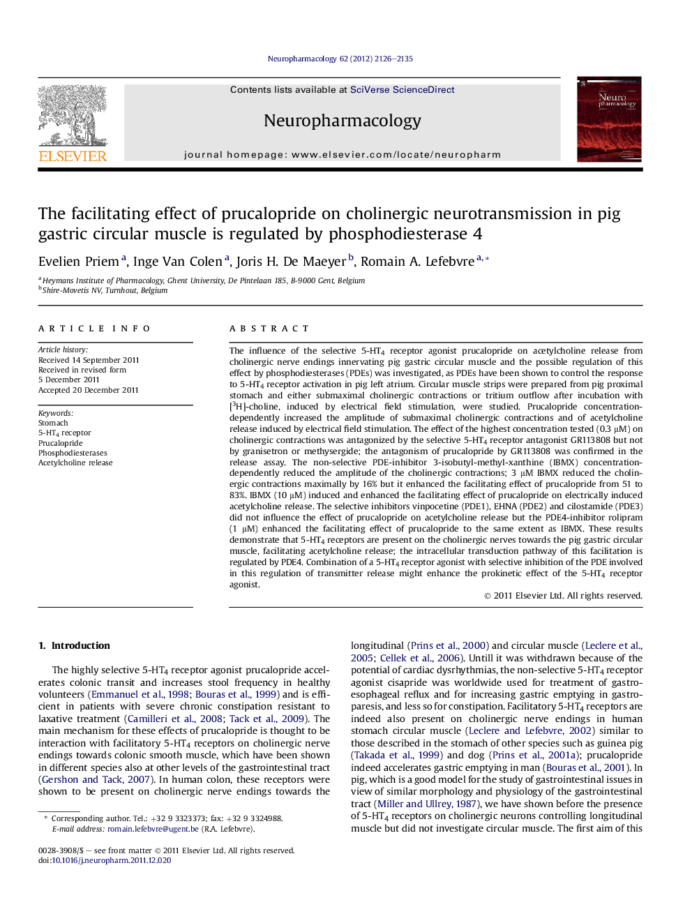 The facilitating effect of prucalopride on cholinergic neurotransmission in pig gastric circular muscle is regulated by phosphodiesterase 4