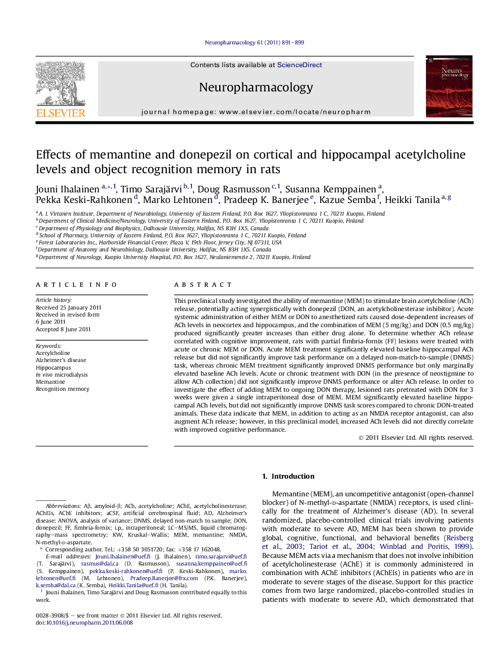 Effects of memantine and donepezil on cortical and hippocampal acetylcholine levels and object recognition memory in rats