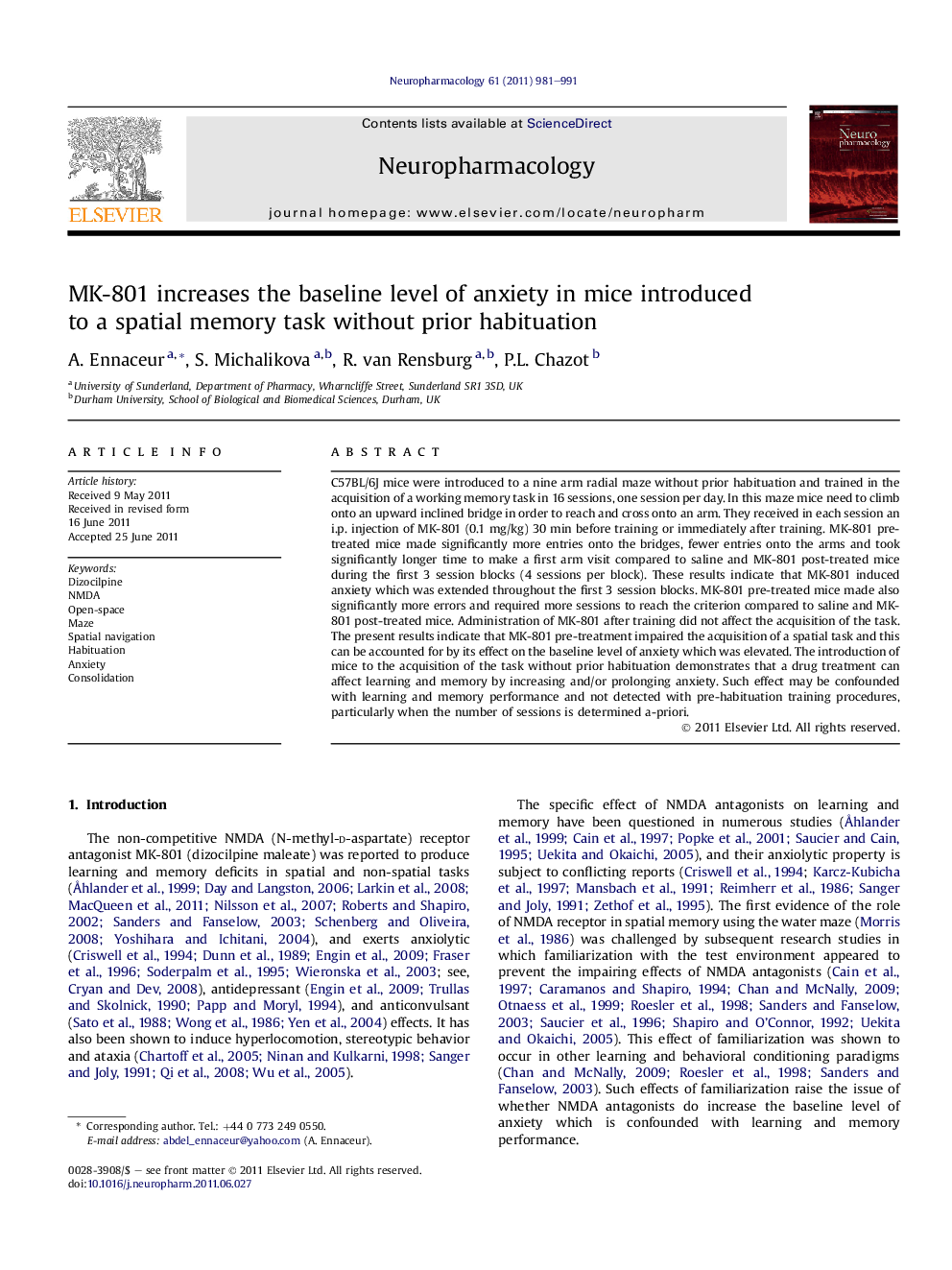 MK-801 increases the baseline level of anxiety in mice introduced to a spatial memory task without prior habituation