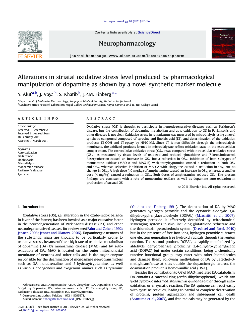 Alterations in striatal oxidative stress level produced by pharmacological manipulation of dopamine as shown by a novel synthetic marker molecule