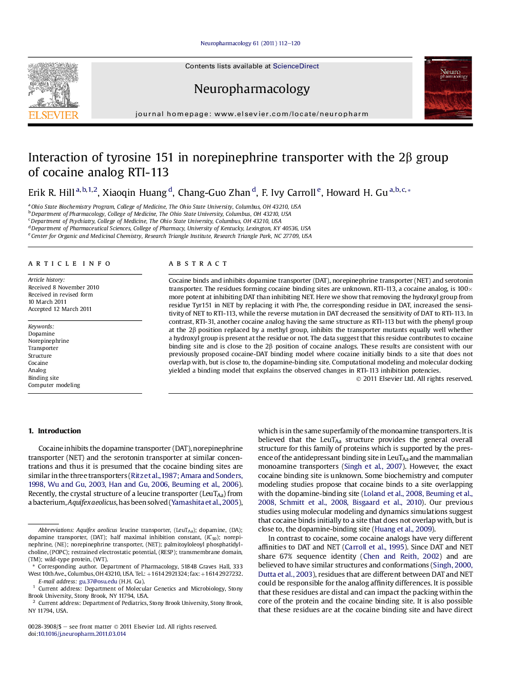 Interaction of tyrosine 151 in norepinephrine transporter with the 2β group of cocaine analog RTI-113