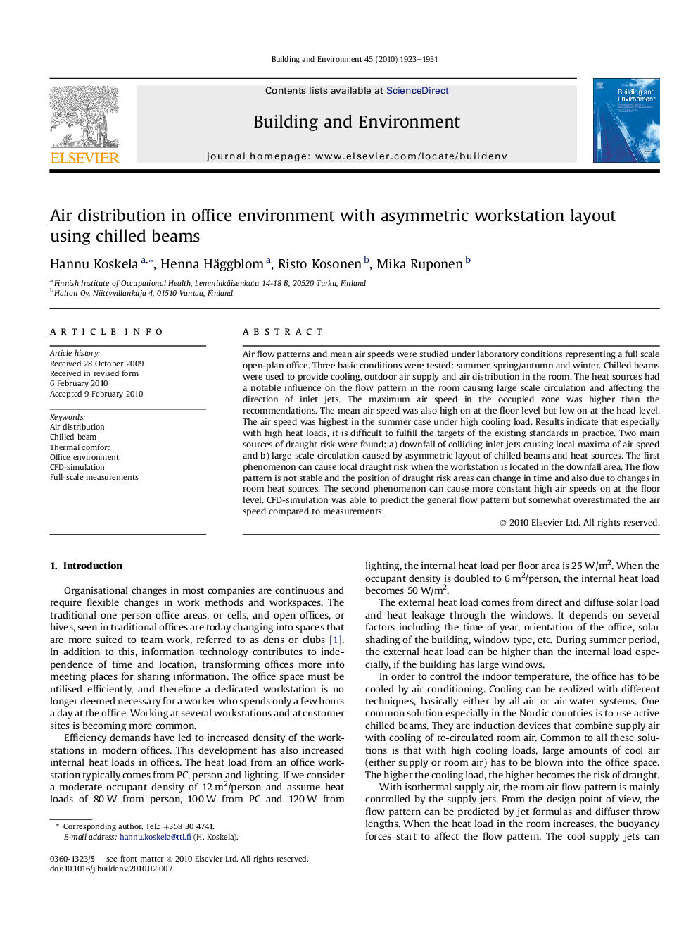 Air distribution in office environment with asymmetric workstation layout using chilled beams