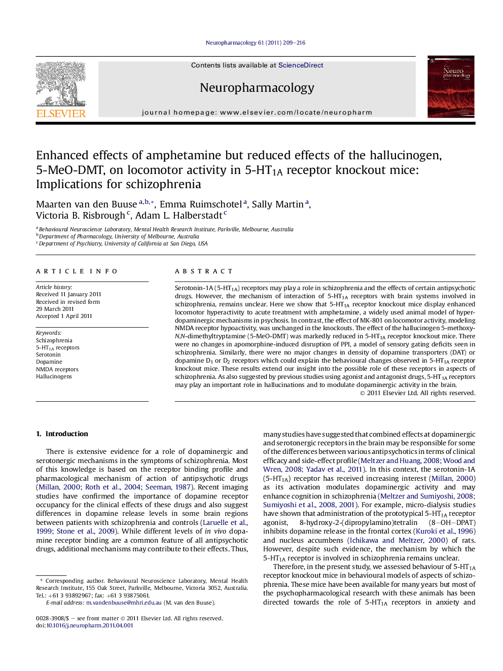 Enhanced effects of amphetamine but reduced effects of the hallucinogen, 5-MeO-DMT, on locomotor activity in 5-HT1A receptor knockout mice: Implications for schizophrenia