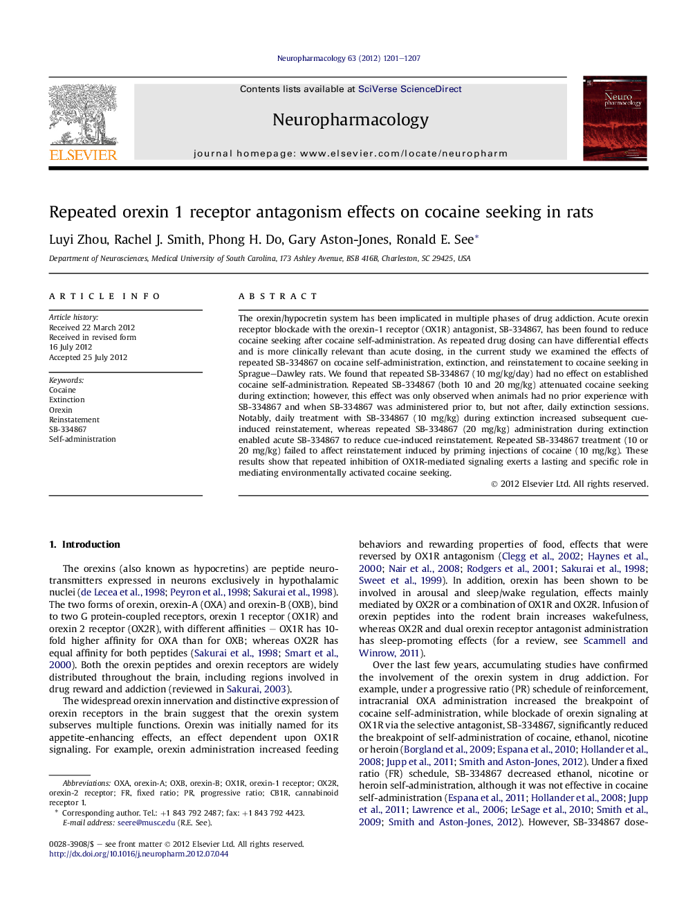 Repeated orexin 1 receptor antagonism effects on cocaine seeking in rats