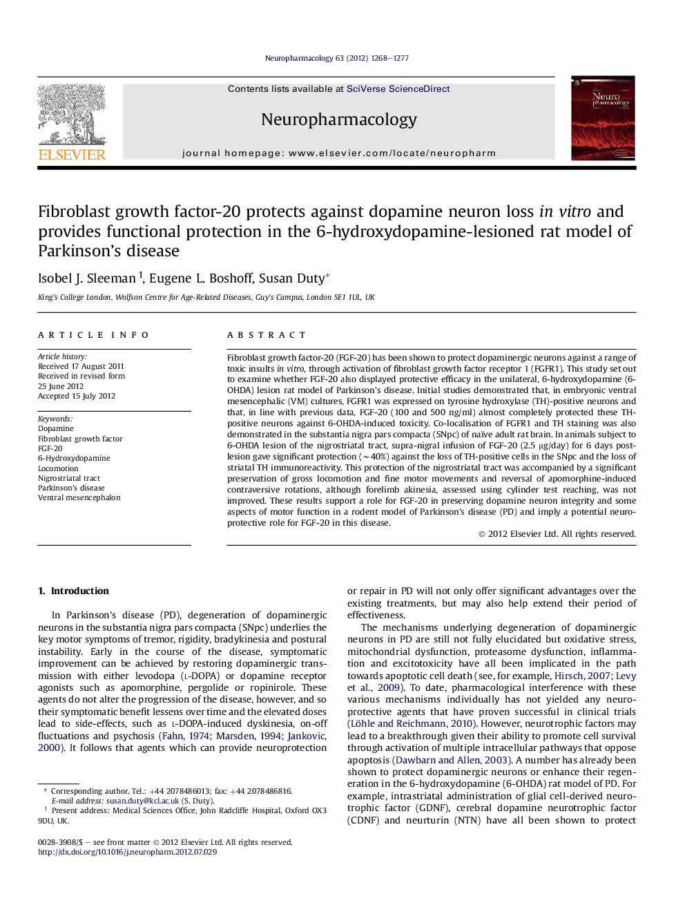 Fibroblast growth factor-20 protects against dopamine neuron loss in vitro and provides functional protection in the 6-hydroxydopamine-lesioned rat model of Parkinson's disease