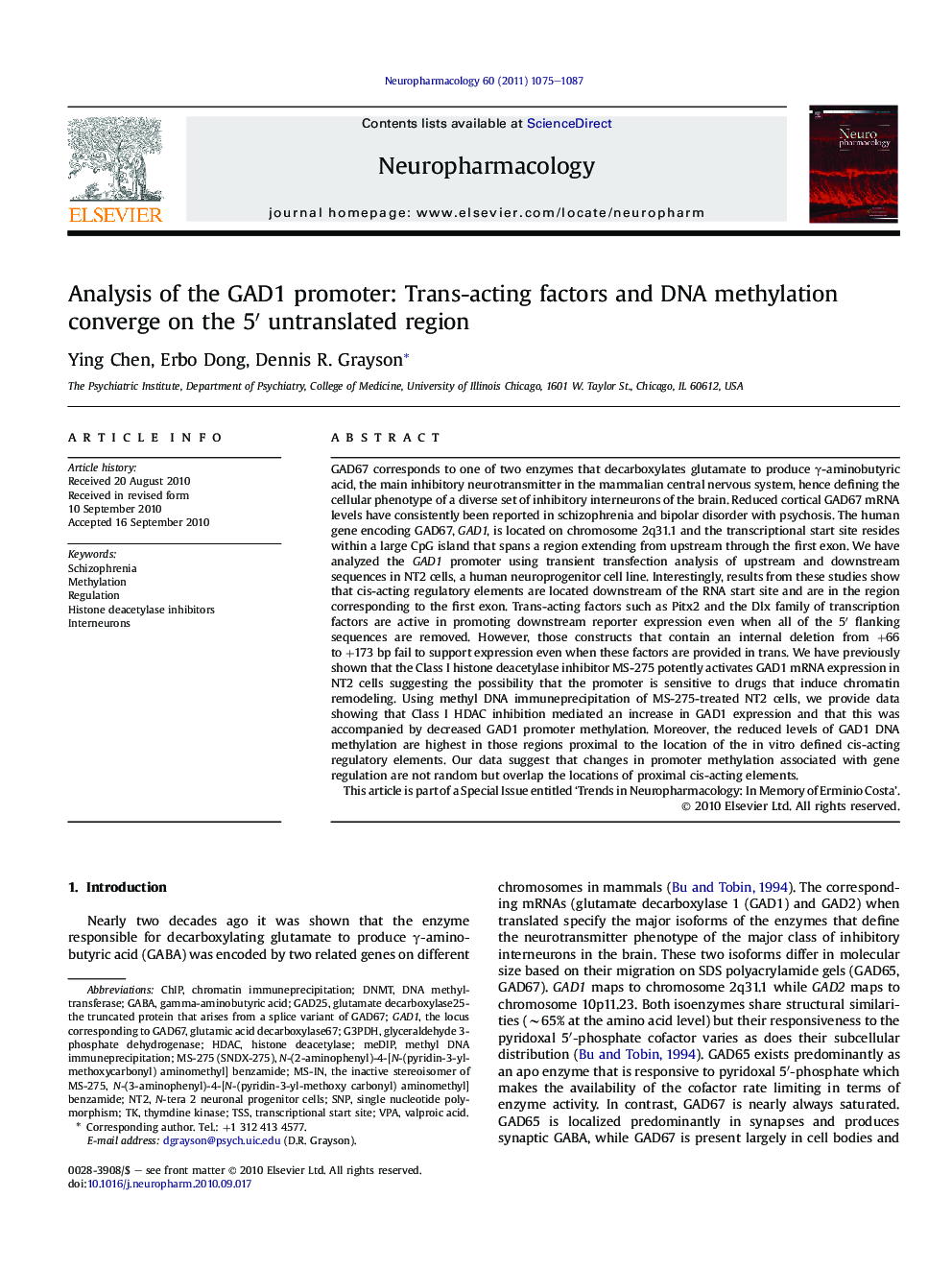 Analysis of the GAD1 promoter: Trans-acting factors and DNA methylation converge on the 5′ untranslated region