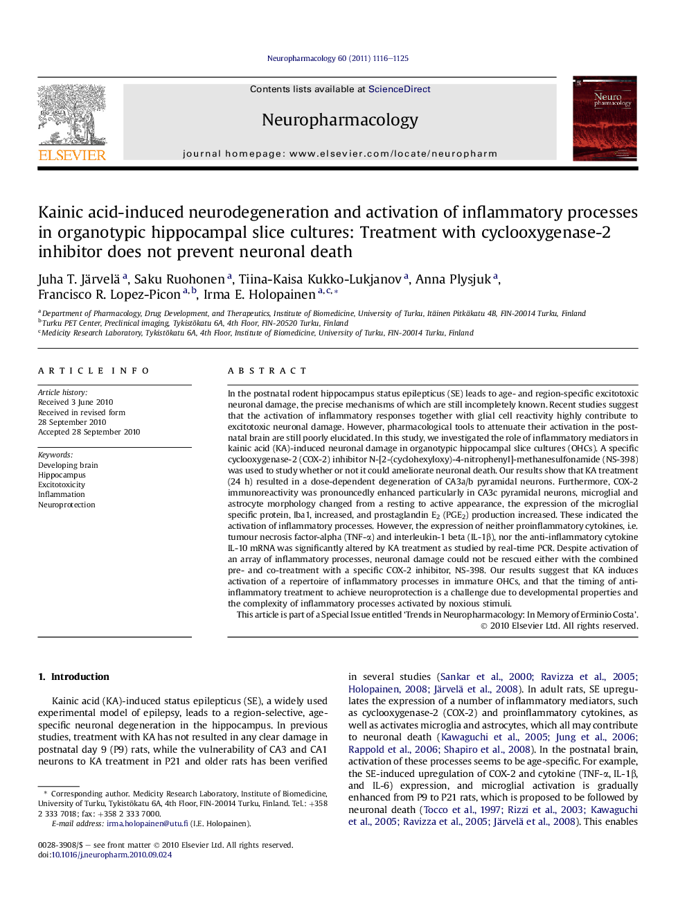 Kainic acid-induced neurodegeneration and activation of inflammatory processes in organotypic hippocampal slice cultures: Treatment with cyclooxygenase-2 inhibitor does not prevent neuronal death