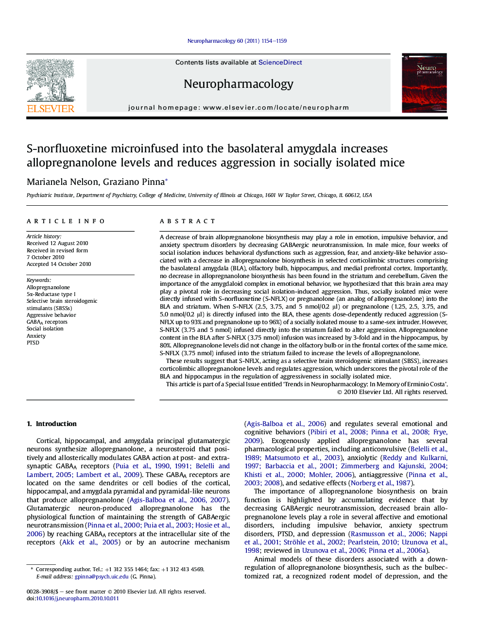 S-norfluoxetine microinfused into the basolateral amygdala increases allopregnanolone levels and reduces aggression in socially isolated mice