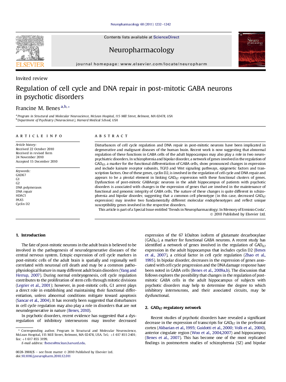 Regulation of cell cycle and DNA repair in post-mitotic GABA neurons in psychotic disorders