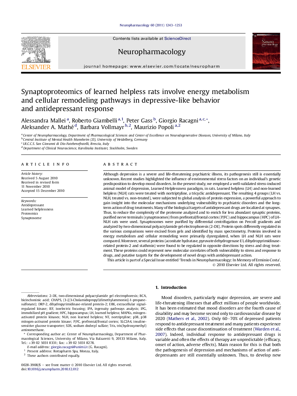 Synaptoproteomics of learned helpless rats involve energy metabolism and cellular remodeling pathways in depressive-like behavior and antidepressant response