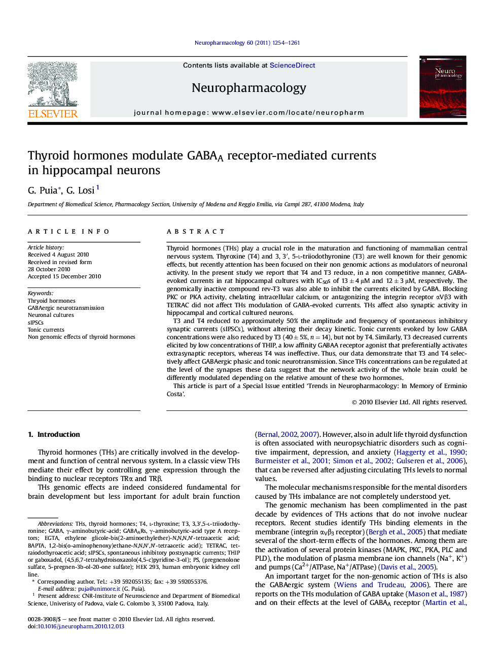 Thyroid hormones modulate GABAA receptor-mediated currents in hippocampal neurons