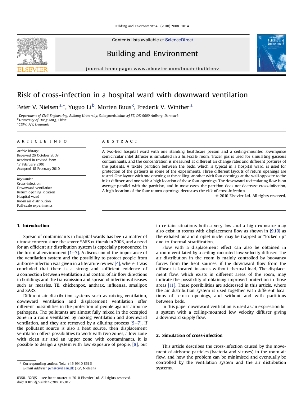 Risk of cross-infection in a hospital ward with downward ventilation