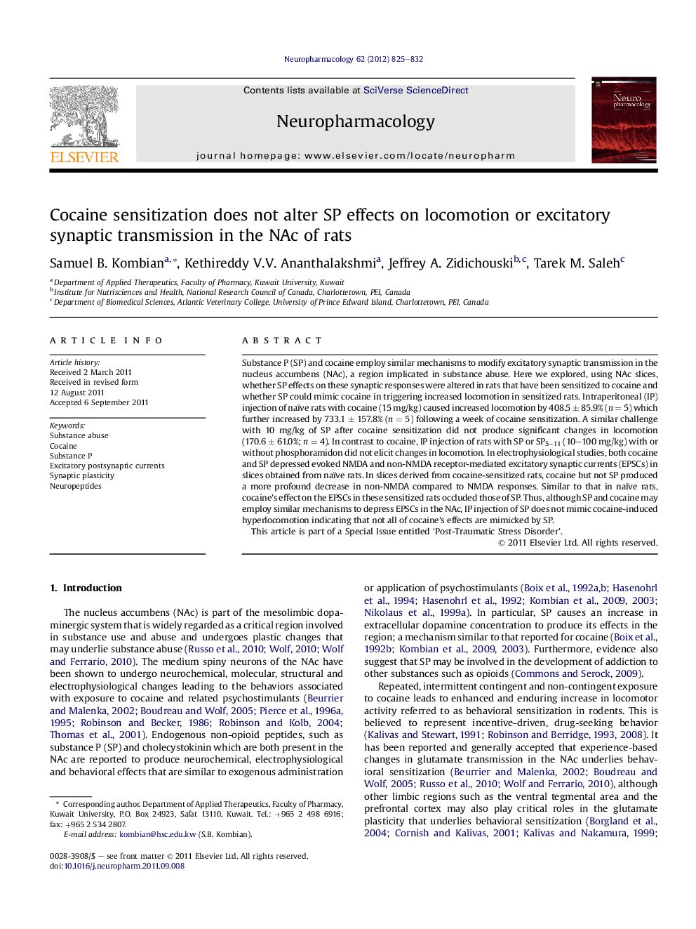 Cocaine sensitization does not alter SP effects on locomotion or excitatory synaptic transmission in the NAc of rats