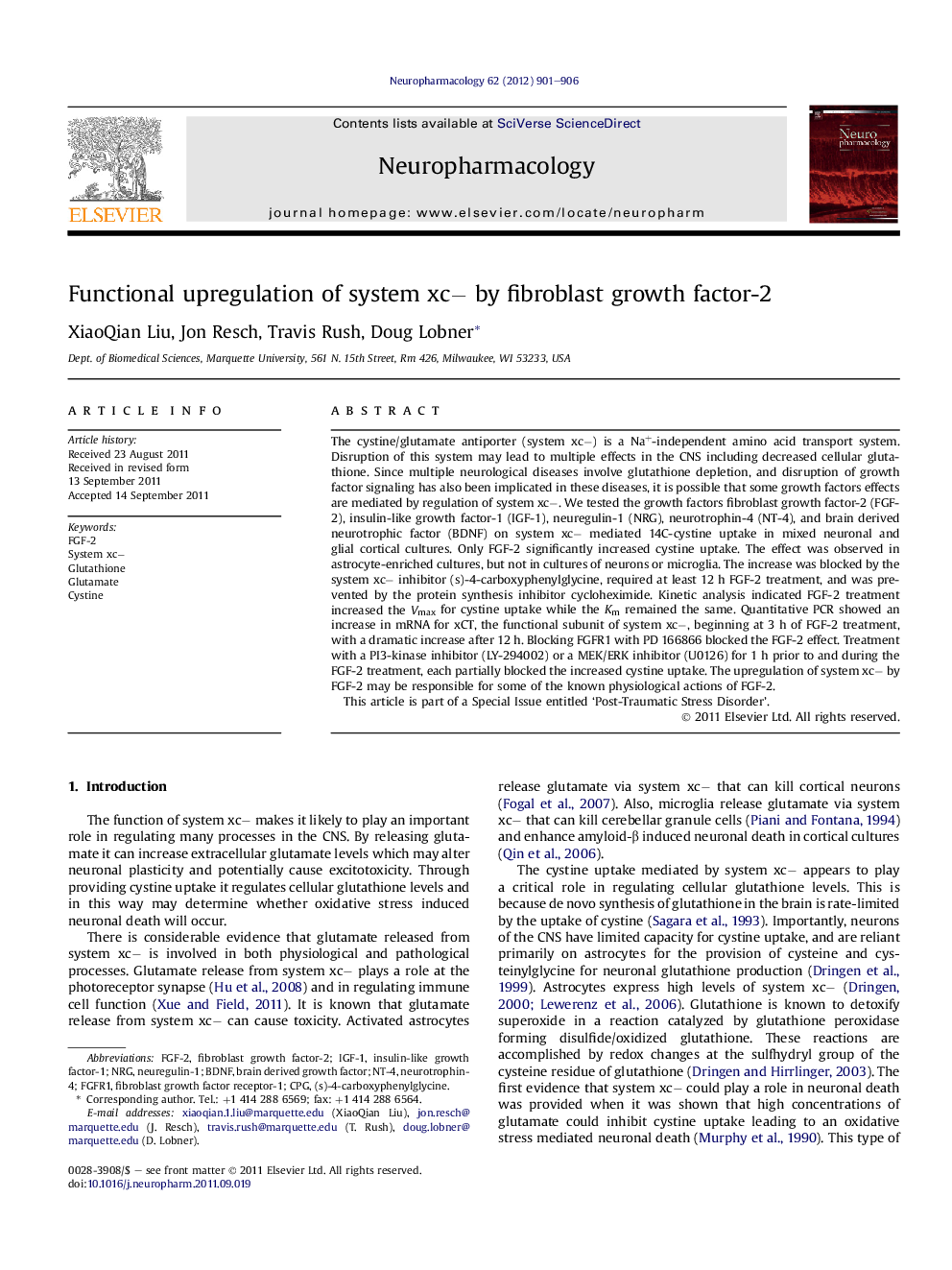 Functional upregulation of system xc− by fibroblast growth factor-2