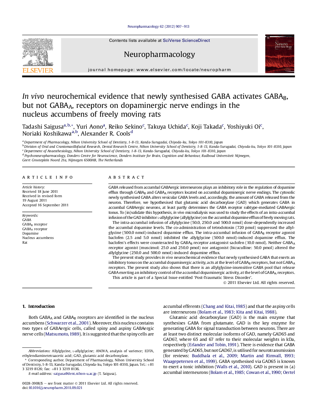 InÂ vivo neurochemical evidence that newly synthesised GABA activates GABAB, but not GABAA, receptors on dopaminergic nerve endings in the nucleus accumbens of freely moving rats