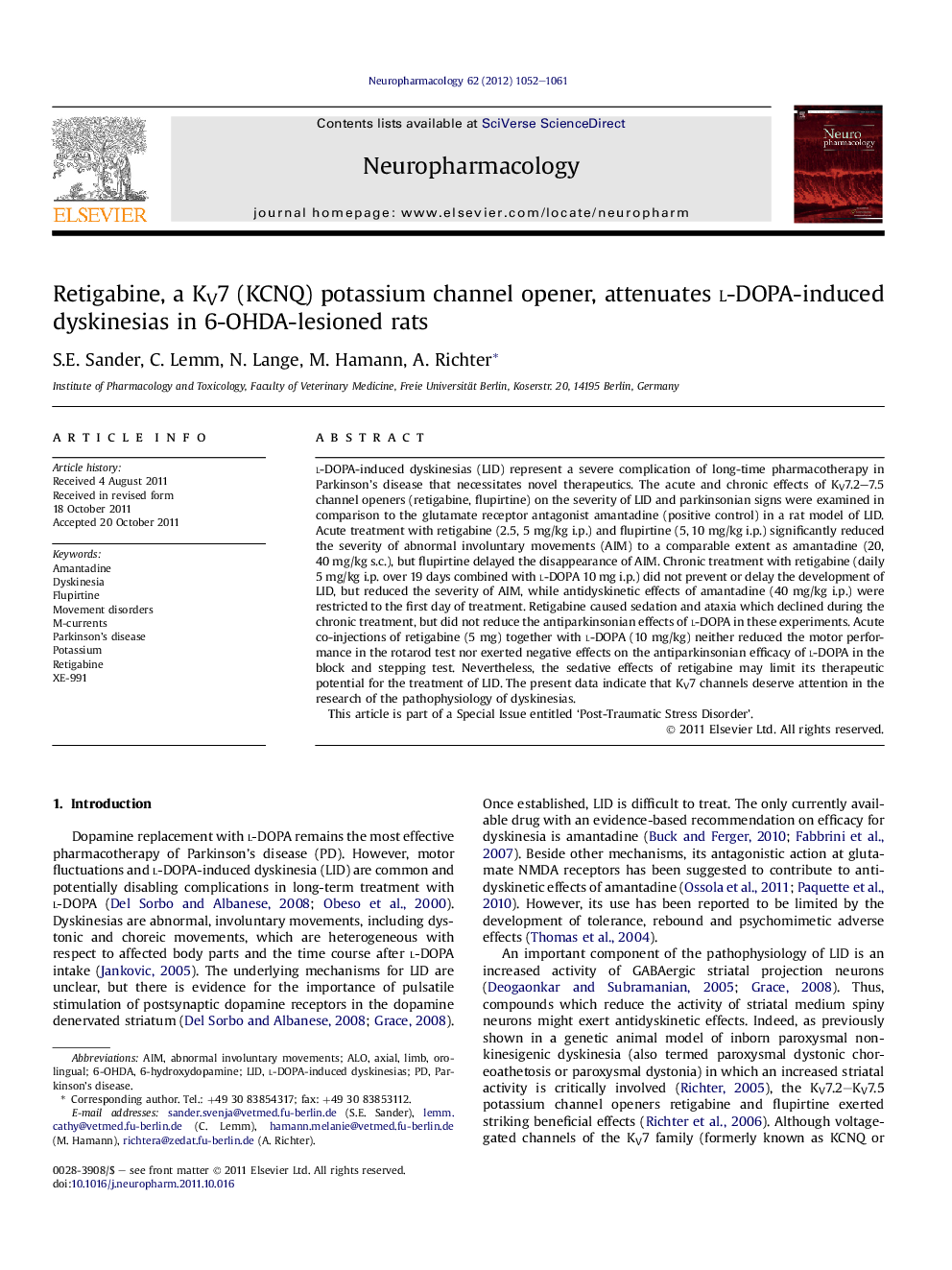 Retigabine, a KV7 (KCNQ) potassium channel opener, attenuates l-DOPA-induced dyskinesias in 6-OHDA-lesioned rats