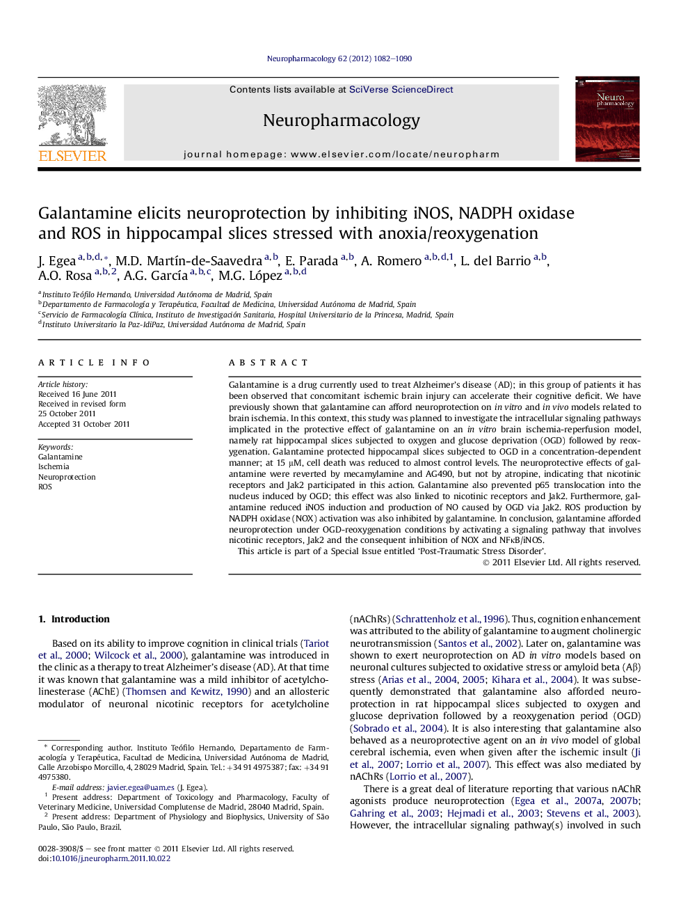 Galantamine elicits neuroprotection by inhibiting iNOS, NADPH oxidase and ROS in hippocampal slices stressed with anoxia/reoxygenation