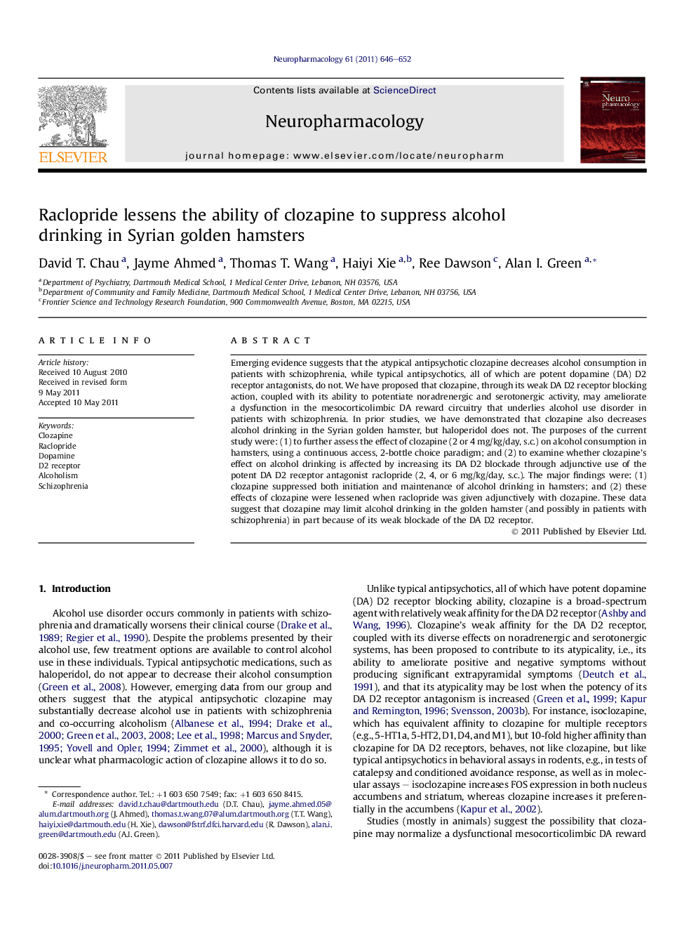 Raclopride lessens the ability of clozapine to suppress alcohol drinking in Syrian golden hamsters