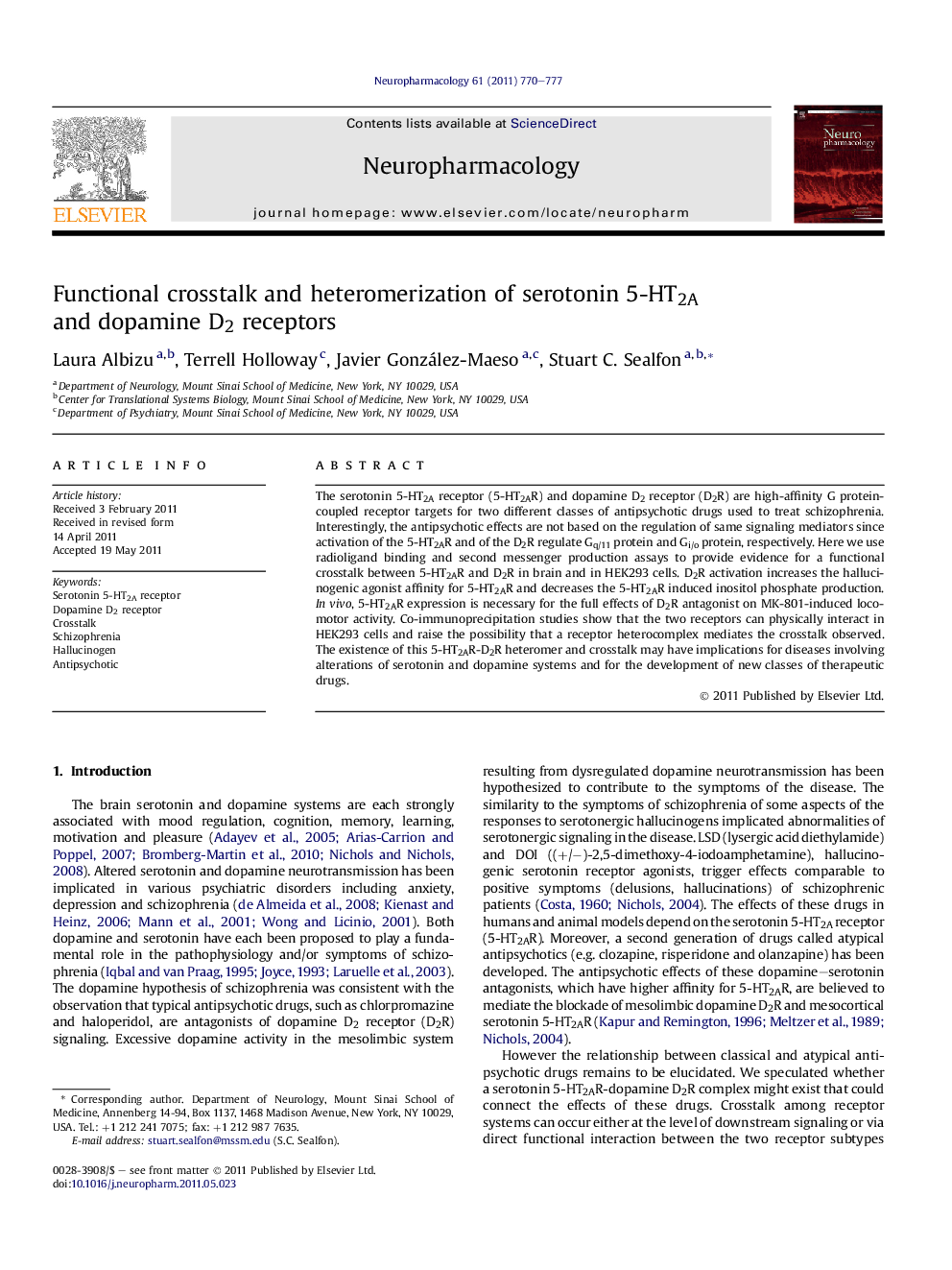 Functional crosstalk and heteromerization of serotonin 5-HT2A and dopamine D2 receptors