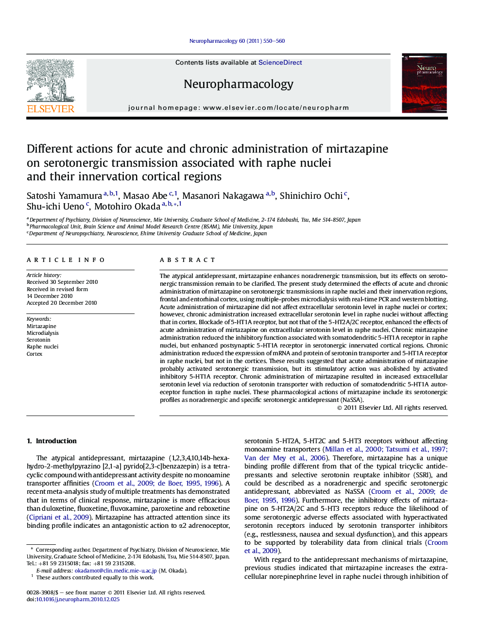 Different actions for acute and chronic administration of mirtazapine on serotonergic transmission associated with raphe nuclei and their innervation cortical regions