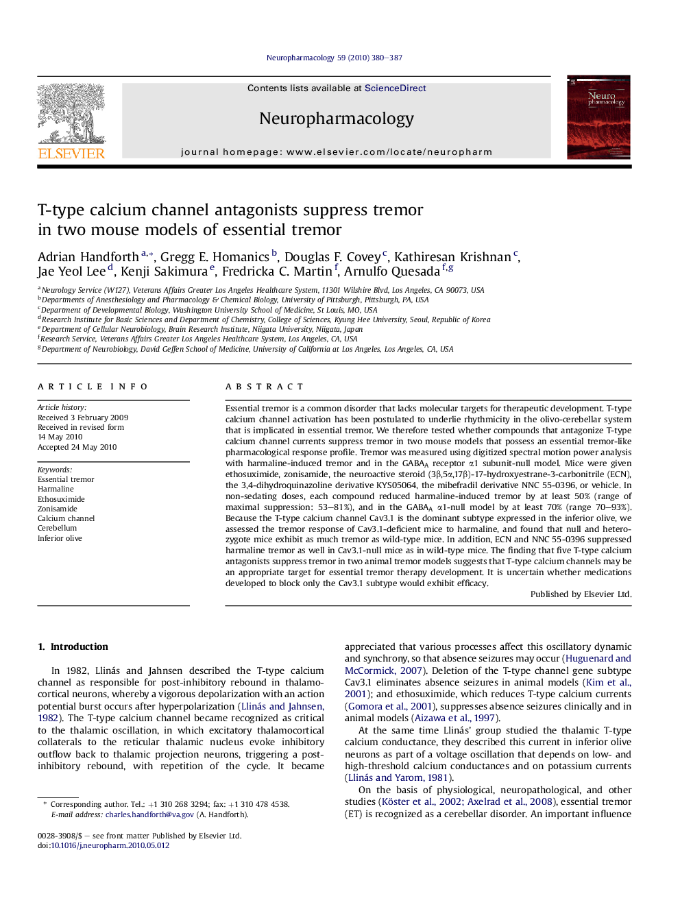 T-type calcium channel antagonists suppress tremor in two mouse models of essential tremor