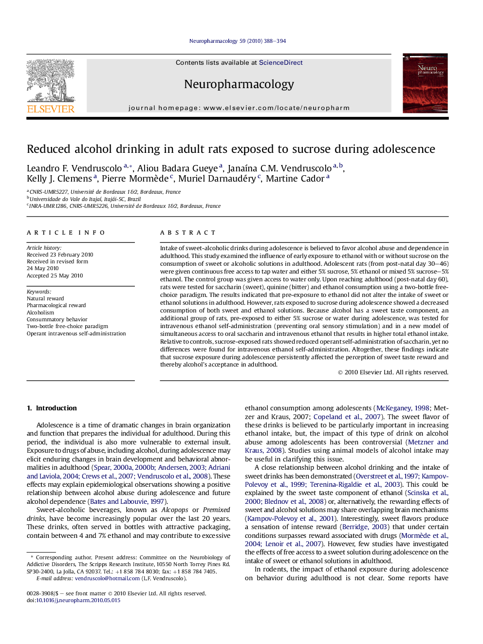 Reduced alcohol drinking in adult rats exposed to sucrose during adolescence