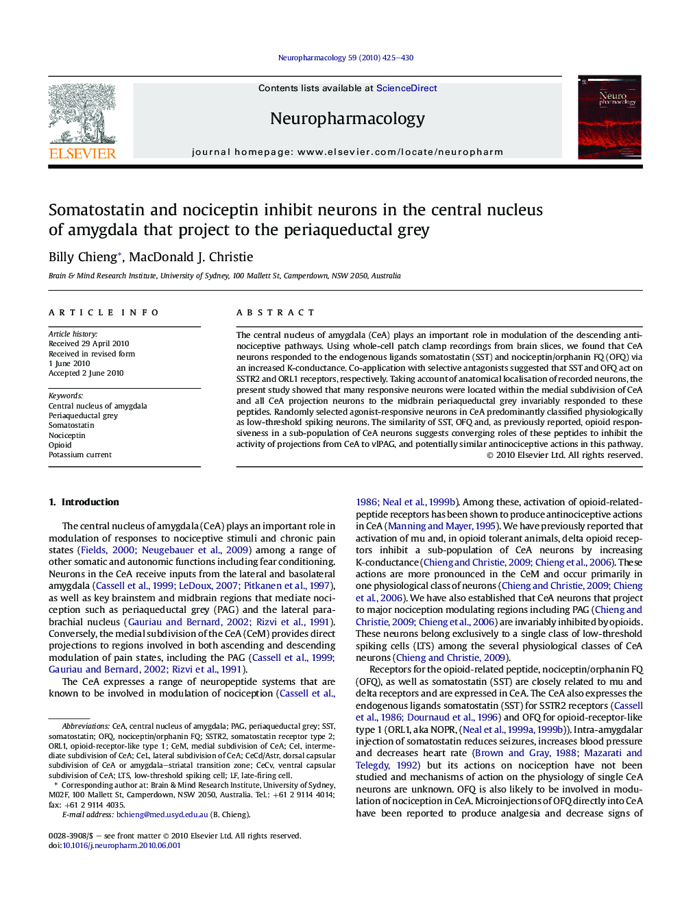 Somatostatin and nociceptin inhibit neurons in the central nucleus of amygdala that project to the periaqueductal grey