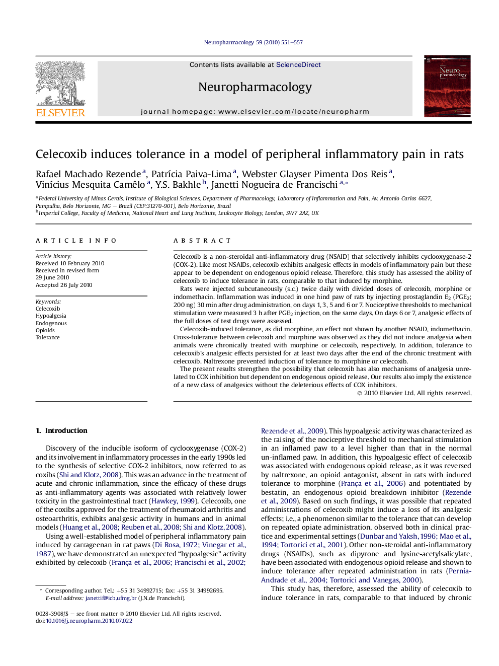 Celecoxib induces tolerance in a model of peripheral inflammatory pain in rats