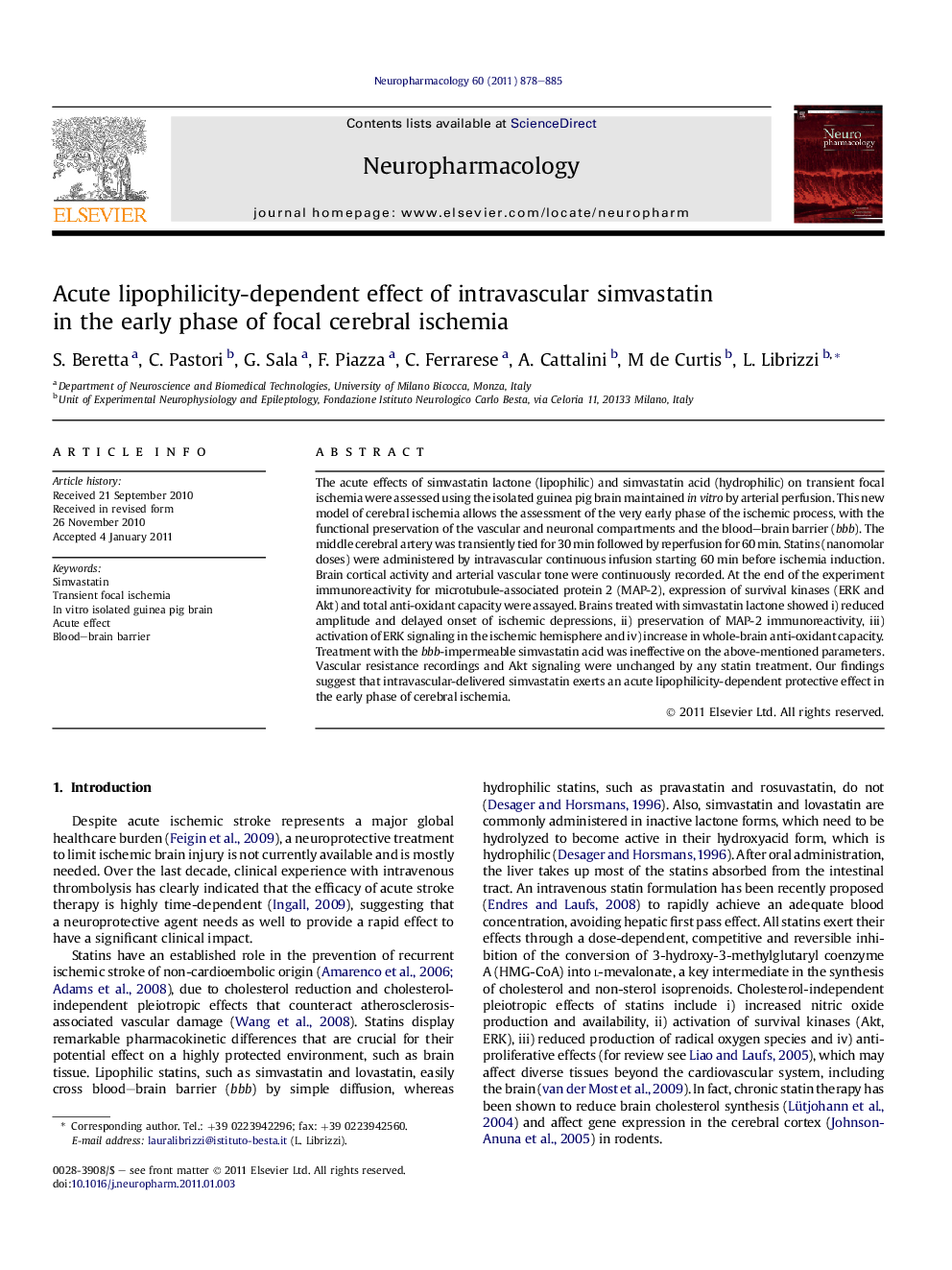 Acute lipophilicity-dependent effect of intravascular simvastatin in the early phase of focal cerebral ischemia