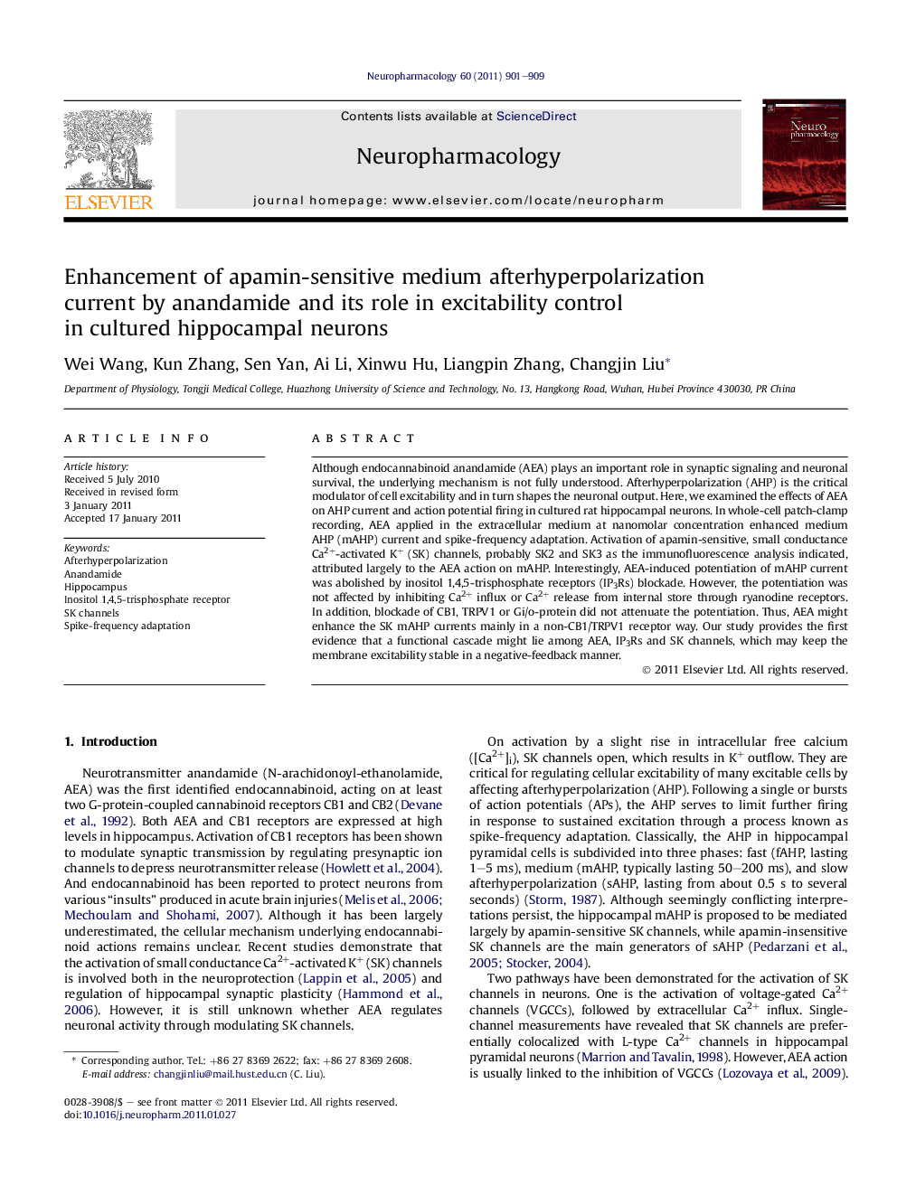 Enhancement of apamin-sensitive medium afterhyperpolarization current by anandamide and its role in excitability control in cultured hippocampal neurons