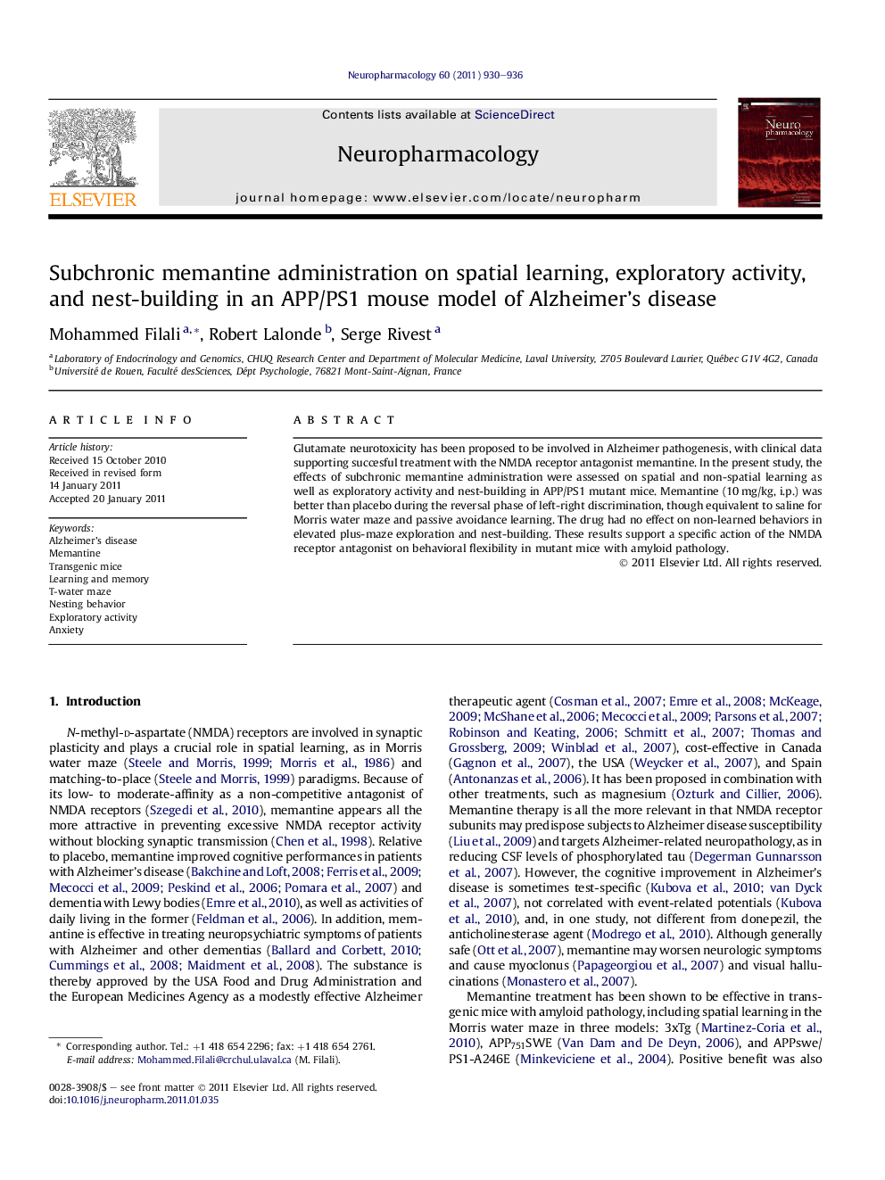 Subchronic memantine administration on spatial learning, exploratory activity, and nest-building in an APP/PS1 mouse model of Alzheimer’s disease