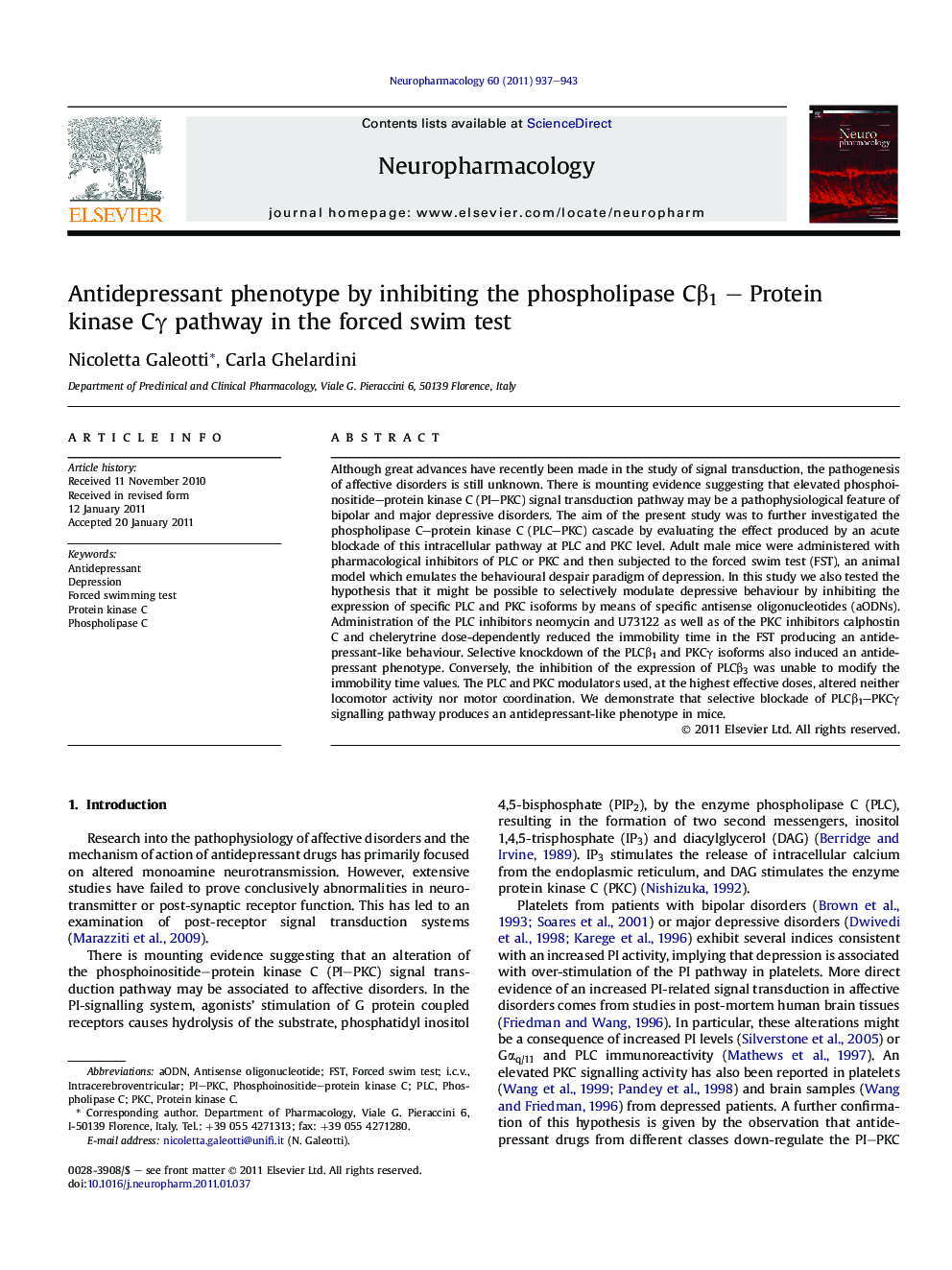 Antidepressant phenotype by inhibiting the phospholipase Cβ1 – Protein kinase Cγ pathway in the forced swim test