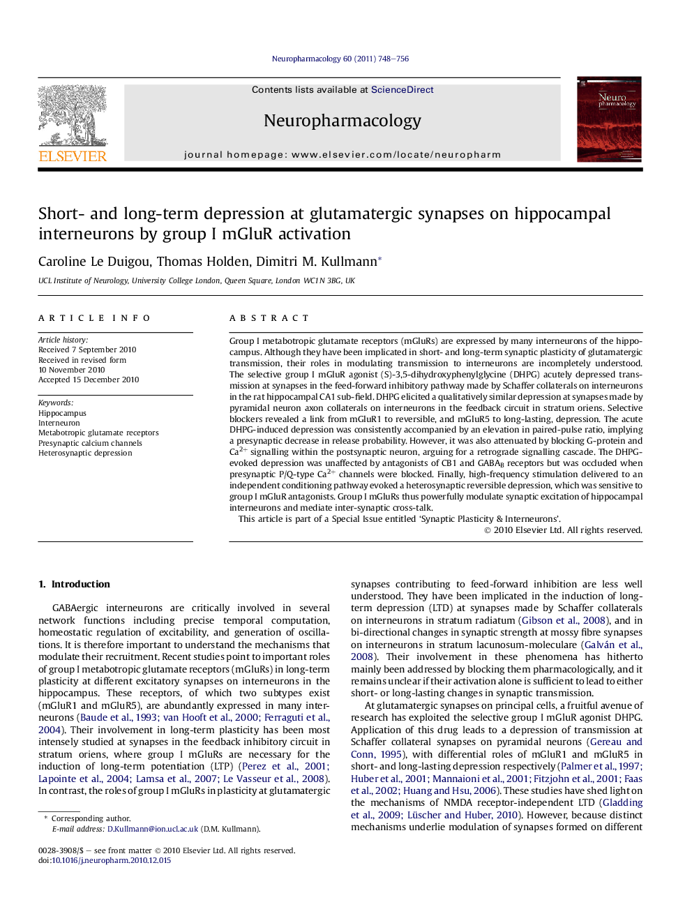 Short- and long-term depression at glutamatergic synapses on hippocampal interneurons by group I mGluR activation