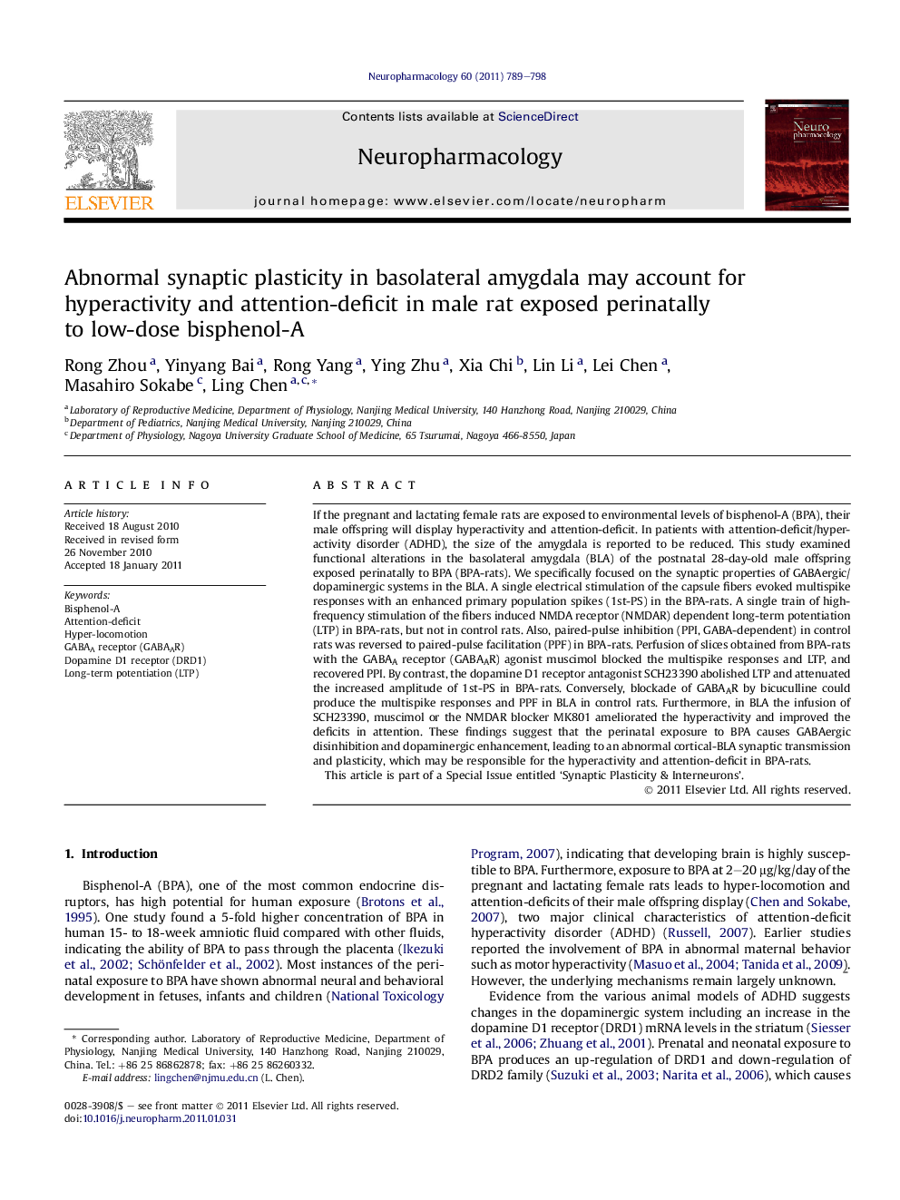 Abnormal synaptic plasticity in basolateral amygdala may account for hyperactivity and attention-deficit in male rat exposed perinatally to low-dose bisphenol-A