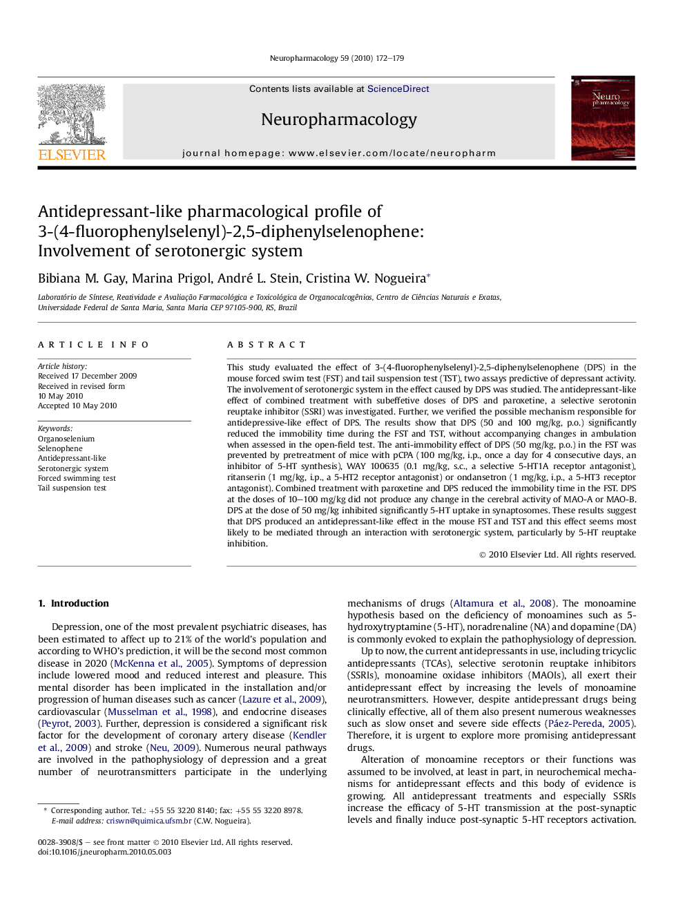 Antidepressant-like pharmacological profile of 3-(4-fluorophenylselenyl)-2,5-diphenylselenophene: Involvement of serotonergic system