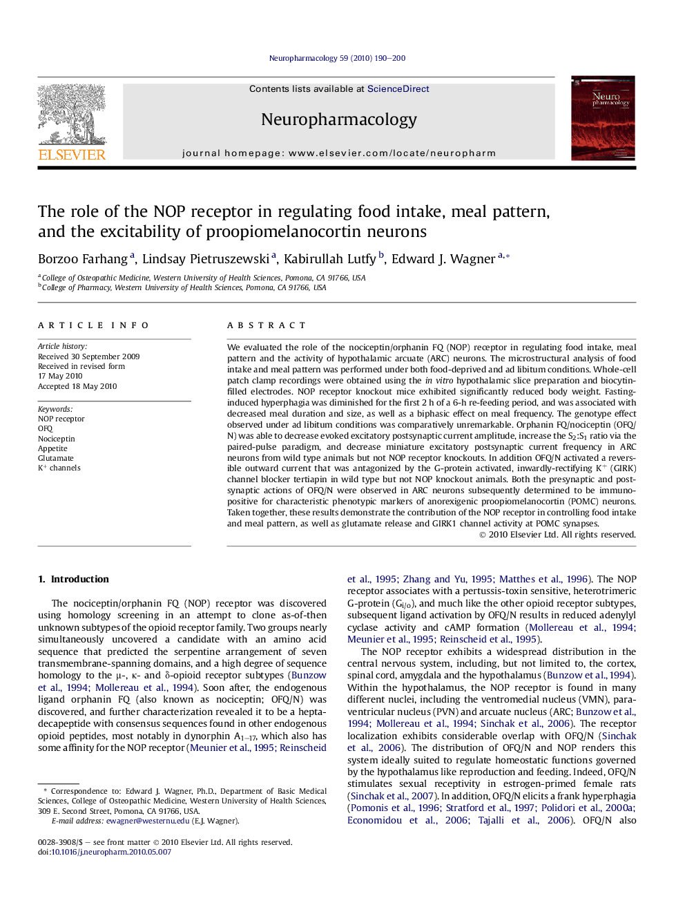 The role of the NOP receptor in regulating food intake, meal pattern, and the excitability of proopiomelanocortin neurons