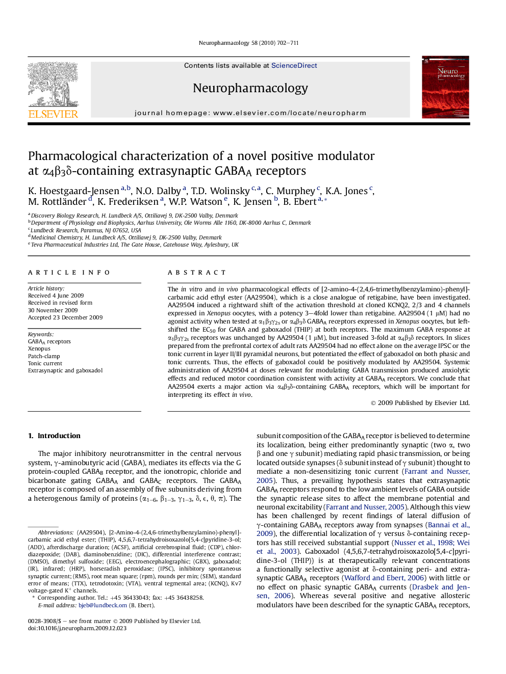 Pharmacological characterization of a novel positive modulator at α4β3δ-containing extrasynaptic GABAA receptors