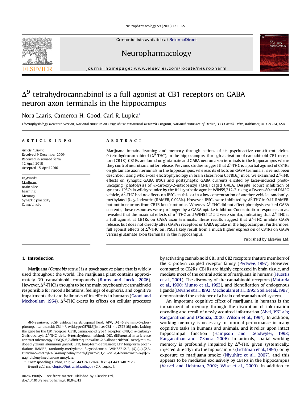 Δ9-tetrahydrocannabinol is a full agonist at CB1 receptors on GABA neuron axon terminals in the hippocampus