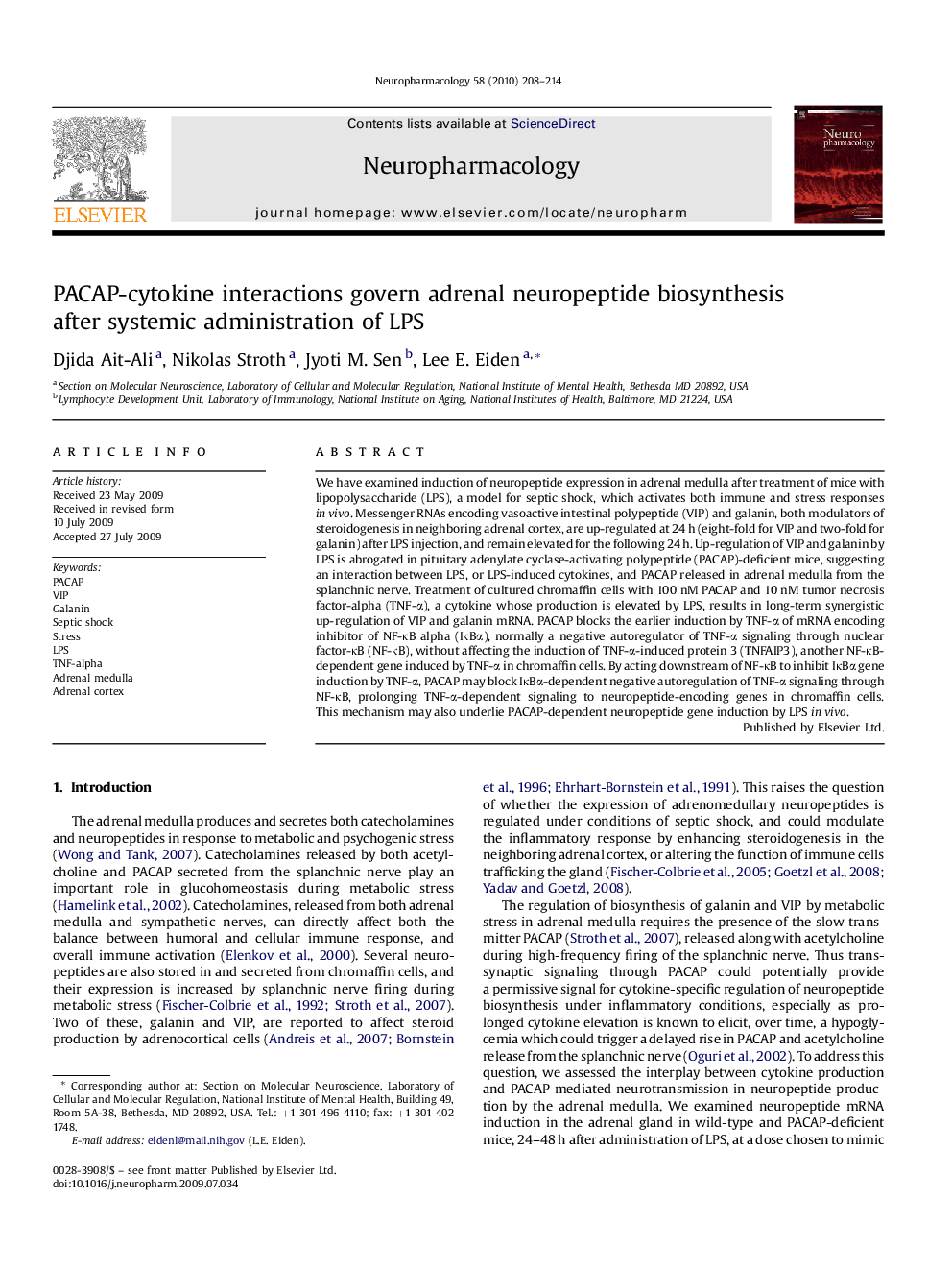 PACAP-cytokine interactions govern adrenal neuropeptide biosynthesis after systemic administration of LPS