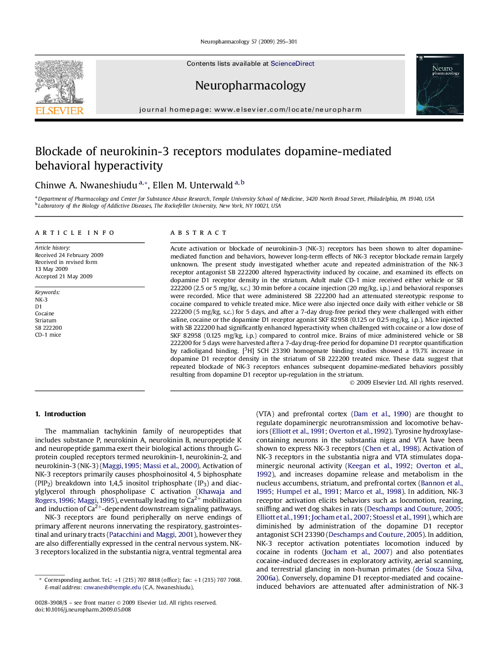 Blockade of neurokinin-3 receptors modulates dopamine-mediated behavioral hyperactivity